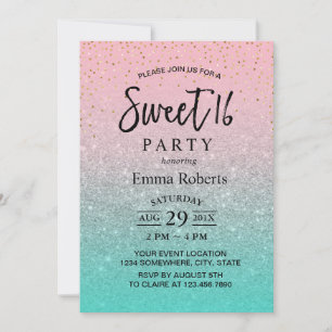 Sweet 16 Moderner Aquamarin Pink Silver Glitzer Ge Einladung