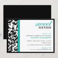 Sweet 16 Moderner Damast mit Grenze, Türkis