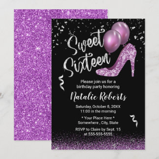 Sweet 16 Moderner Lila Glitzer Girl 16. Geburtstag Einladung