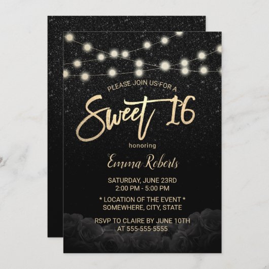 Sweet 16 Moderner Schwarzer Rose Blumenschwarzer G Einladung (Vorne/Hinten)