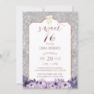 Sweet 16 Moderner Silberner Glitzer Lila Einladung