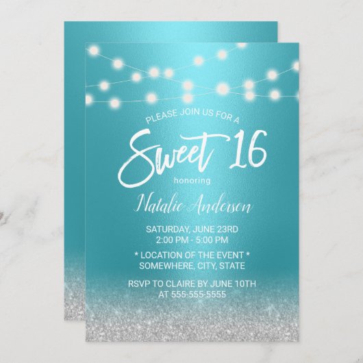Sweet 16 Moderner Türkis & Silver Glitzer Einladung (Vorne/Hinten)