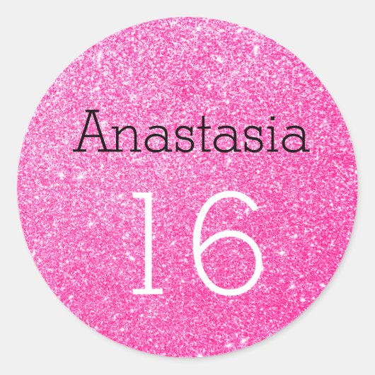 Sweet 16 Name Age Black & Hot Pink Glitzer Sparkle Runder Aufkleber (Vorderseite)