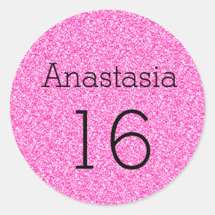 Sweet 16 Name Age Black & Hot Pink Glitzer Sparkle Runder Aufkleber