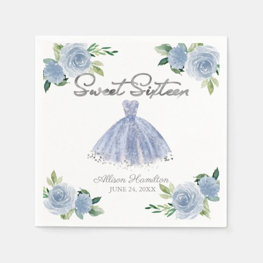 Sweet 16 Napkins Silver Dusty Blue Gown Floral Serviette (Vorderseite)