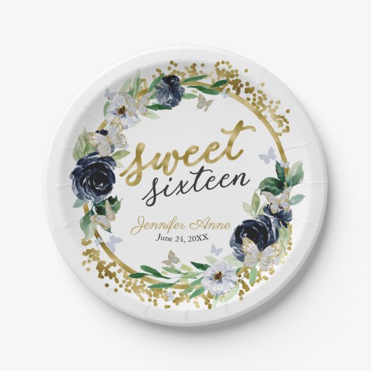 Sweet 16 Navy Blue Floral Butterfly Pappteller (Vorderseite)