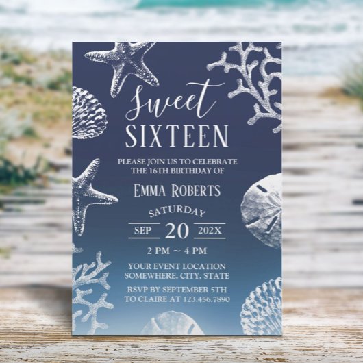 Sweet 16 Navy Blue Ombre Beach Starfish Seashells Einladung