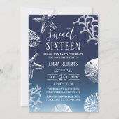 Sweet 16 Navy Blue Ombre Beach Starfish Seashells Einladung (Vorderseite)