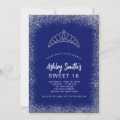 Sweet 16 Navy Blue Silver Glitzer Diamond Tiara Einladung (Vorderseite)