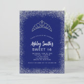Sweet 16 Navy Blue Silver Glitzer Diamond Tiara Einladung (Stehend Vorderseite)