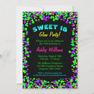 Sweet 16 Neon Glow Confetti Geburtstagsparty Einladung