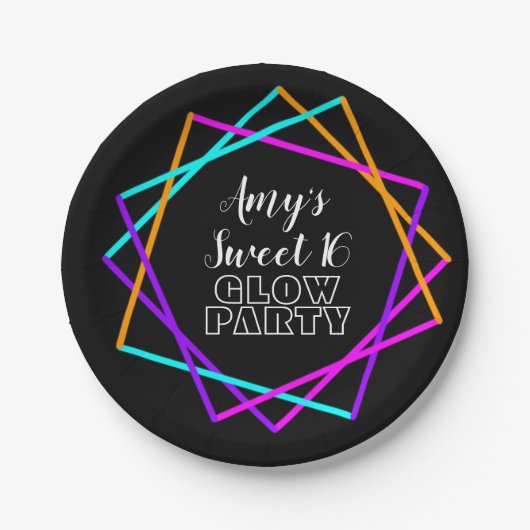 Sweet 16 Neon Glow im Dunkelbarren Party Pappteller (Vorderseite)