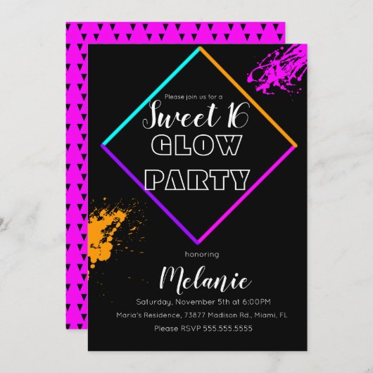 Sweet 16 Neon Glow in der dunklen Multilaserfarbe Einladung (Vorne/Hinten)