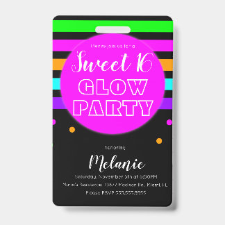Sweet 16 Neon Glow Party Birthday Pass ID Abzeiche Ausweis