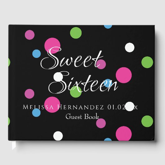 Sweet 16 Neon glühen in den dunklen Polka-Dots des Gästebuch (Vorderseite)
