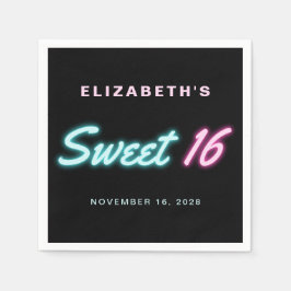 Sweet 16 Neon Lights Black Birthday Party Serviette