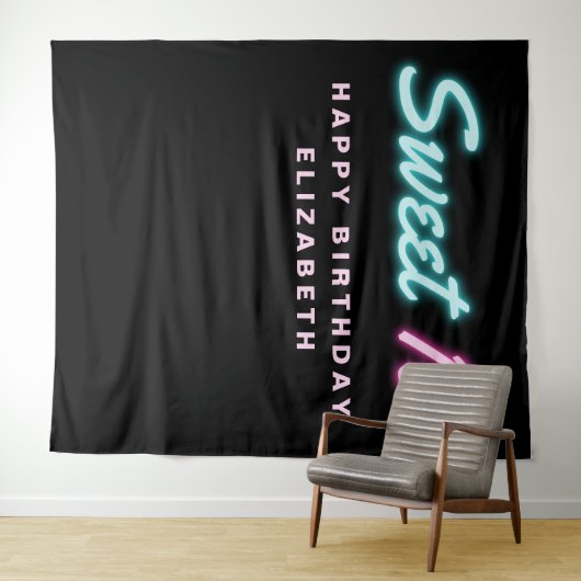 Sweet 16 Neon Lights Black Birthday Party Tapestry Wandteppich (Beispiel (Horizontal))