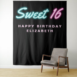 Sweet 16 Neon Lights Black Birthday Party Tapestry Wandteppich