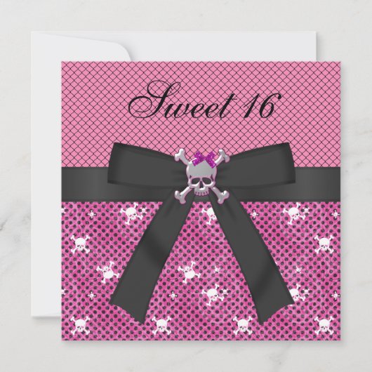 Sweet 16 Niedlich Skulls & Polka Dots Pink Invites Einladung (Vorderseite)