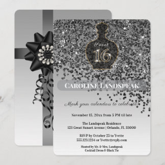 Sweet 16 Noir Parfümflasche Schwarz Glitter Silber Einladung