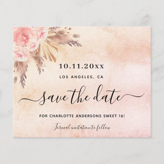 Sweet 16 Pampas blush Budget Save the Date Flyer (Vorne)