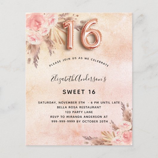 Sweet 16 Pampas Gras Rose Gold Einladung Flyer (Vorne)