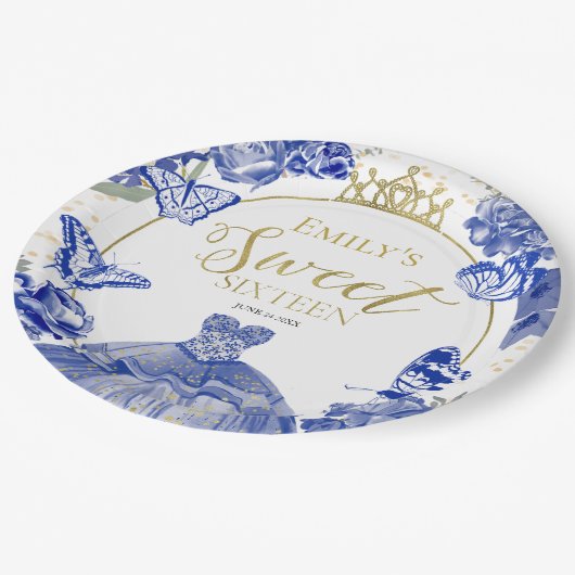 Sweet 16 Paper Tellers Butterfly Royal Blue Dress Pappteller (Schrägansicht)