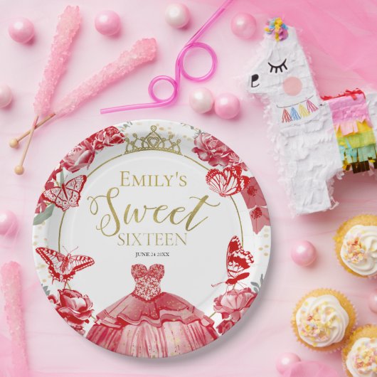 Sweet 16 Paper Tellers Schmetterling Rotes Kleid B Pappteller (Party)