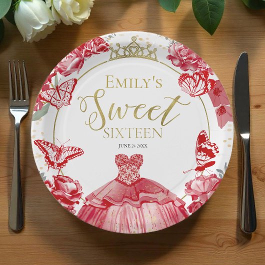 Sweet 16 Paper Tellers Schmetterling Rotes Kleid B Pappteller
