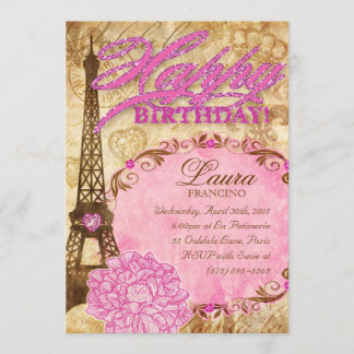 Sweet 16 Paris Eiffelturm Vintage Blume Rosa Einladung