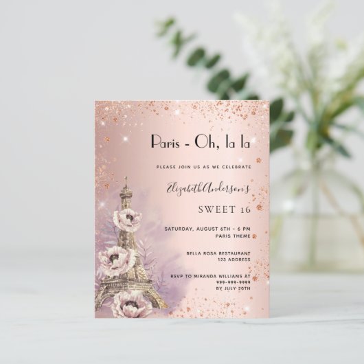 Sweet 16 Paris Rose Gold Eiffelturm Einladung (Stehend Vorderseite)