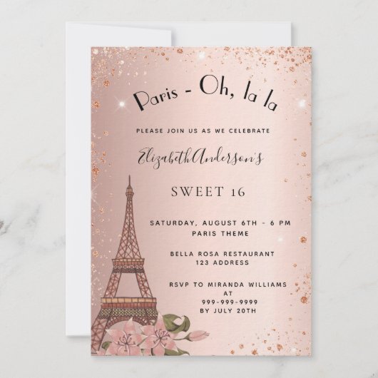 Sweet 16 Paris Rose Gold Eiffelturm Luxus Einladung (Vorderseite)