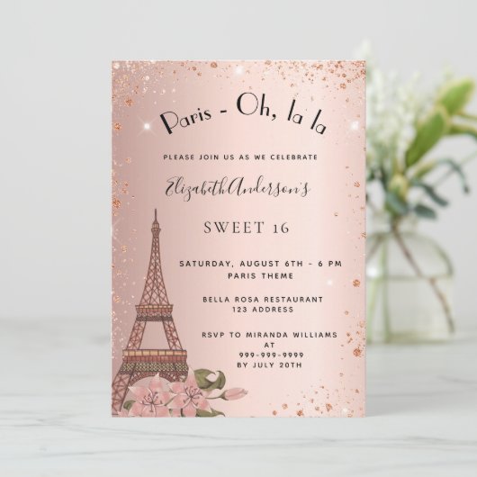 Sweet 16 Paris Rose Gold Glitzer Eiffelturm Einladung (Stehend Vorderseite)