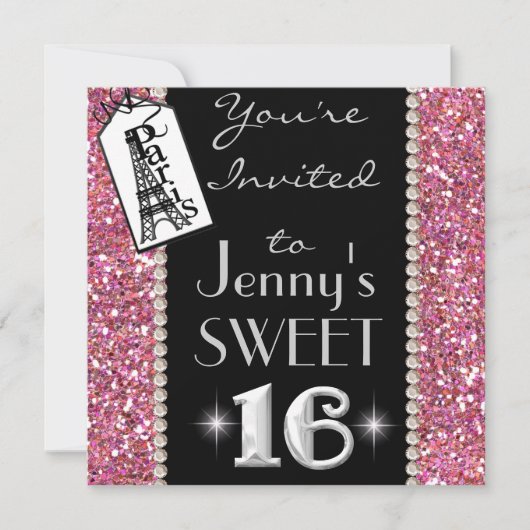 SWEET 16 Paris THEME Party Einladung mit BLING! (Vorderseite)