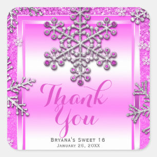 SWEET 16 Part Pink Glitzer Glam Winter Snowflakes Quadratischer Aufkleber