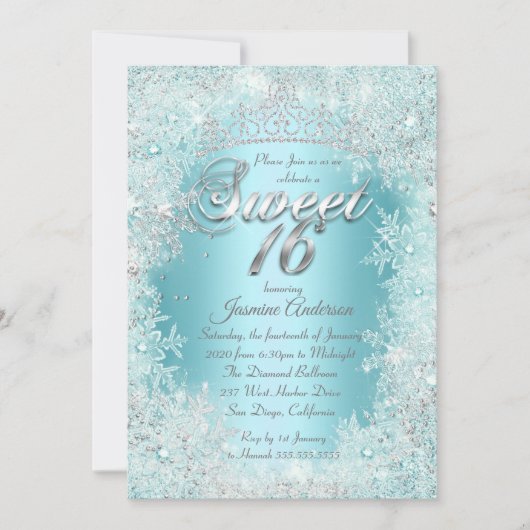 Sweet 16 Party Aquamarin blauer Silberner Winter W Einladung (Vorderseite)