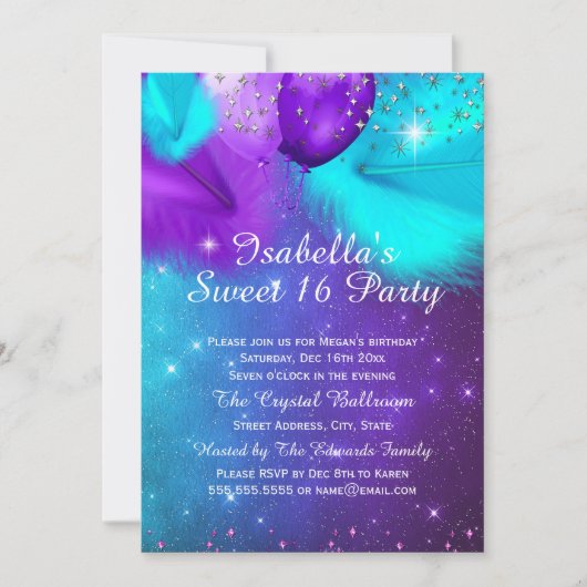 Sweet 16 Party Aquamarin Lila Silberballons Einladung (Vorderseite)