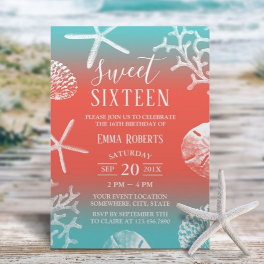 Sweet 16 Party Beach Coral Reef Starfish Einladung