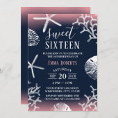 Sweet 16 Party Beach Coral Reef Starfish Navy Blue Einladung (Vorne/Hinten)