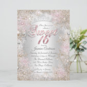 Sweet 16 Party Beige Pink Silver Winter Wunderland Einladung (Stehend Vorderseite)