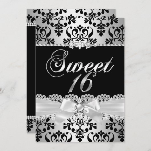 Sweet 16 Party Black Silver Damask Pearl Bow Einladung (Vorne/Hinten)