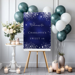Sweet 16 Party blau silber Glitter Funkeln Willkom Poster