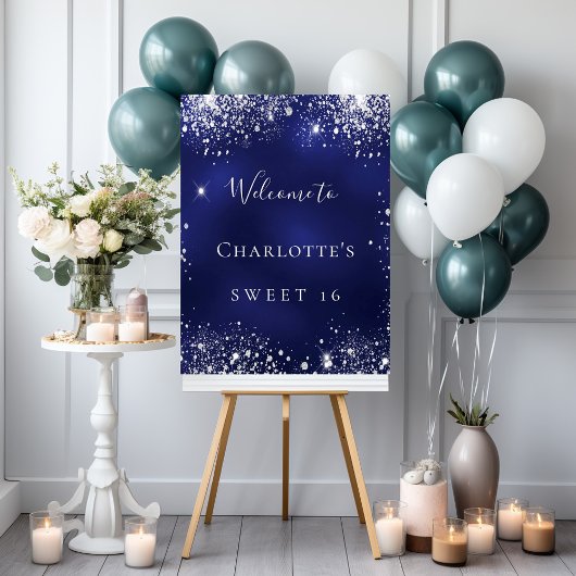 Sweet 16 Party blau silber Glitzer strahlt Empfang Poster