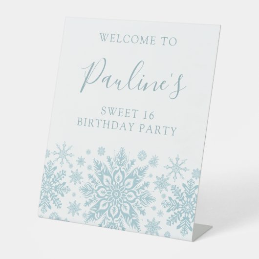 Sweet 16 Party Blue White Snowflake Willkommen Sockelschild (Vorderseite)