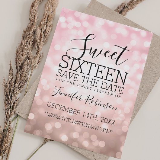 Sweet 16 Party Blush Pink Glitzer Lights Save The Date