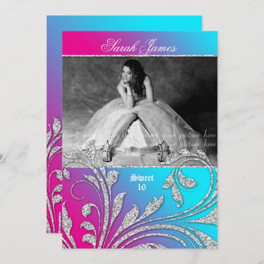 Sweet 16 Party Einladender Glitzer Blätter Rosa Bl Einladung (Vorne/Hinten)