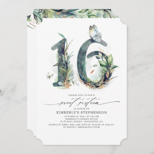 Sweet 16 Party Einladung - Grünpflanzen und Gold (Vorne/Hinten)