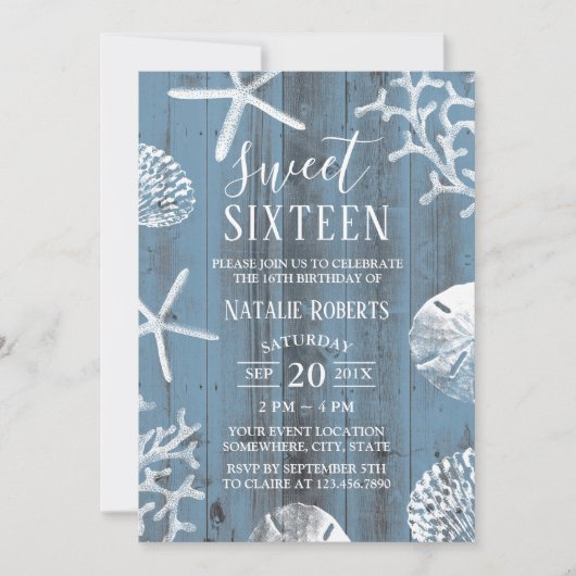 Sweet 16 Party Elegant Dusty Blue Beach Starfish Einladung (Vorderseite)