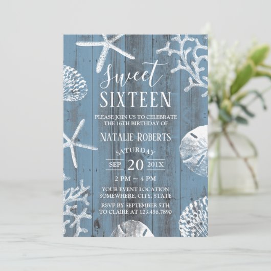Sweet 16 Party Elegant Dusty Blue Beach Starfish Einladung (Stehend Vorderseite)