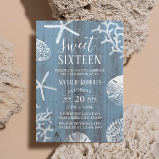 Sweet 16 Party Elegant Dusty Blue Beach Starfish Einladung